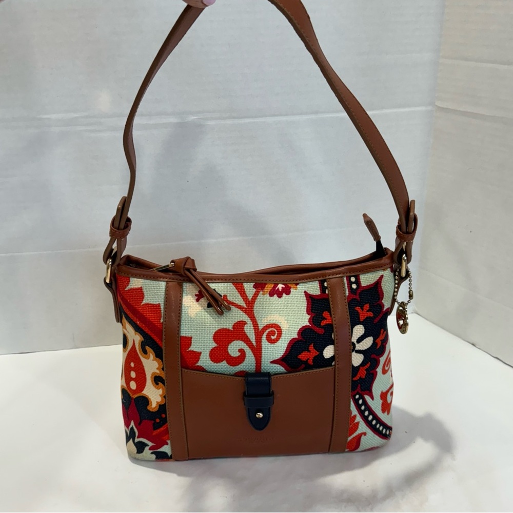 SPARTINA 449 tan leather linen in gorgeous light blue print purse bag